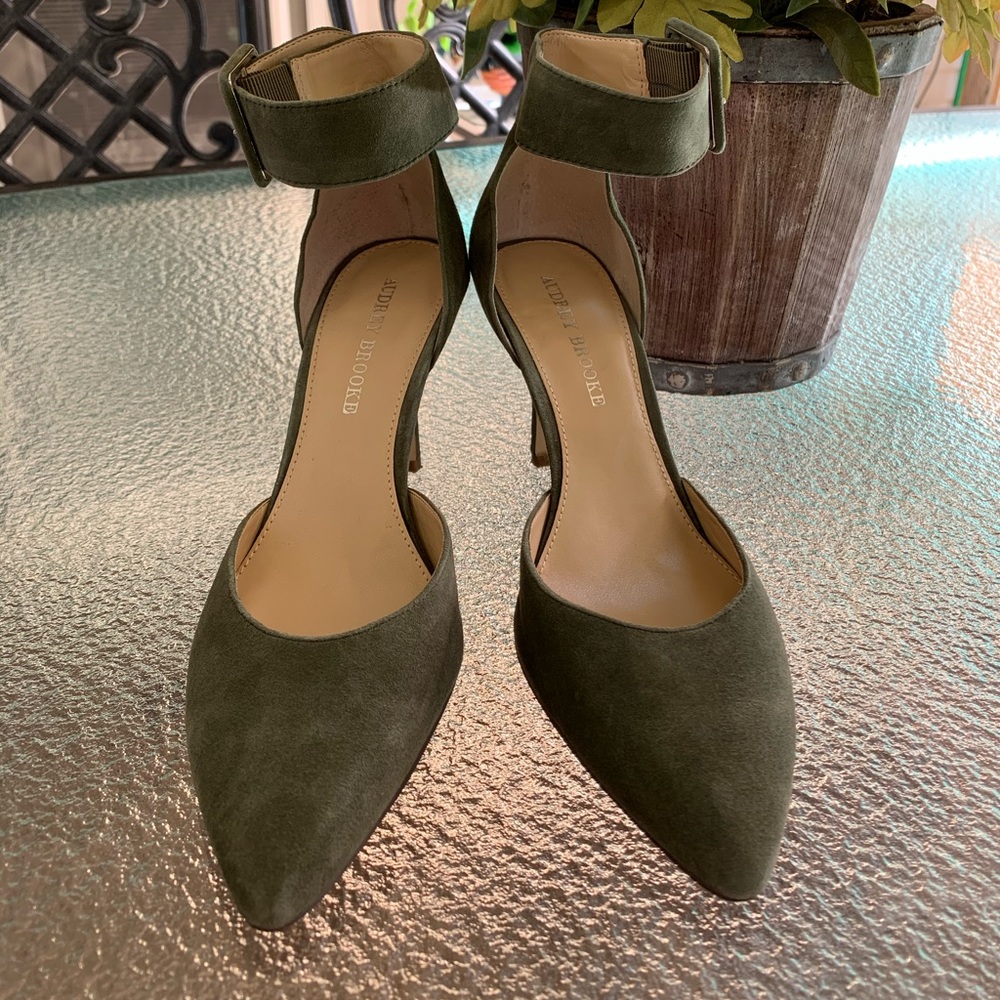 Audrey Brooke Ankle Strap Heels in Green Suede